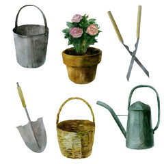 Watercolor illustration. Image of a shovel, pruner, bucket, watering can, basket and flowerpot. Garden inventory.