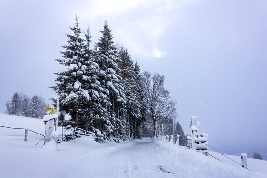Austrian countryside landscape covered in snow with sun breaking slighty through the clouds