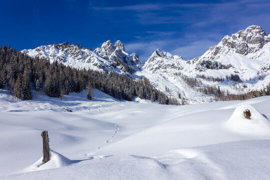 Beautiful sunny and snow covered landscape with the 'Bischofsm&uuml;tze' mountain peak in the background (Filzmoos, Austria)
