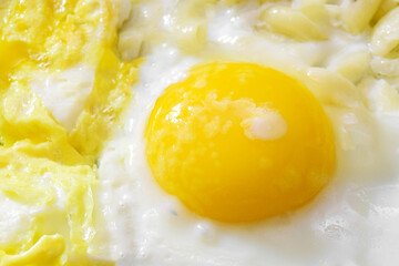 Fried egg. Close-up view of a fried egg in a frying pan. Salty and spicy scrambled eggs with horns