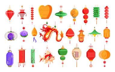 Collection of colorful detailed illustrations with Chinese lanterns. Decorative Asian elements.