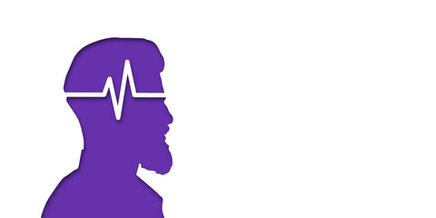 Guy or man headache concept. People silhouette. Vector medical illustration in paper cut style with shadow. mental health. Place for text. Copy space. Health care