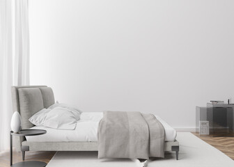 Empty white wall in modern and cozy bedroom. Mock up interior in contemporary style. Free space, copy space for your picture, text, or another design. Bed, lamps, parquet. 3D rendering.