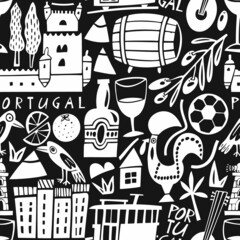 Vector hand drawn Portugal landmarks seamless pattern. Travel illustrations of Portuguese Republic symbols. Hand drawn lettering. Europe icons background