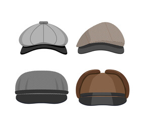 Set of flat mens tweed caps. Fashionable cartoon hats set. Isolated vector objects on white background. Collection of headwear and accessory icon