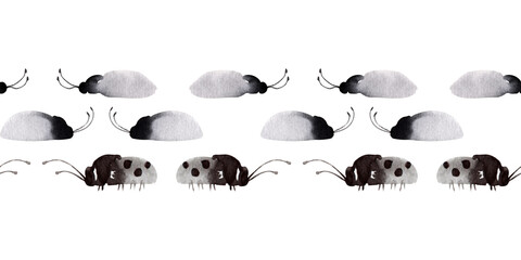 Watercolor black and white seamless border with plants and beetles