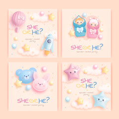 He or she. Boy or Girl. Set of cartoon gender reveal invitation template. Square banner with realistic toys and helium balloons. Vector illustration