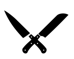 Crossed cleavers knives. Vector illustration. Chopping kitchen tools cross black icons, Cleaver knife stamping, lumberjack and butcher cooking logo graphics. black silhouette