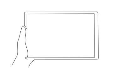 Hand holding tablet, one line art, hand drawn continuous contour.Template, mock-up of empty touch screen. Space for your image or text. Editable stroke, minimalist design.Isolated. Vector illustration