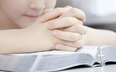 Fototapeta na wymiar Christian faith. Reading the bible. Hands praying to God with a Bible. Beg for forgiveness and believe in goodness. Concept for faith, spirituality and religion.