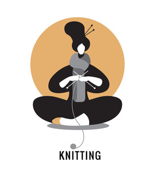Knitting. A woman knits a scarf. Logo, icon, graphic illustration in a minimalist style.