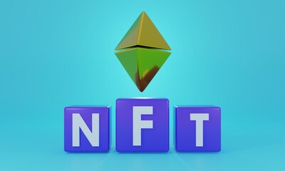 NFT Non-fungible token text box concept art on blue background 3d rendering illustration