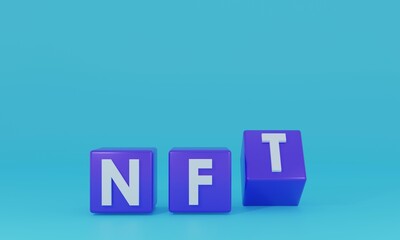 NFT Non-fungible token text box concept art on blue background 3d rendering illustration