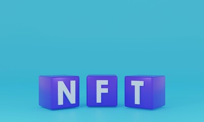 NFT Non-fungible token text box concept art on blue background 3d rendering illustration
