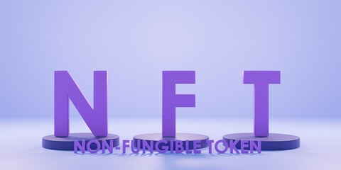 NFT nonfungible tokens concept on clone podiume and text 3d rendering illustration