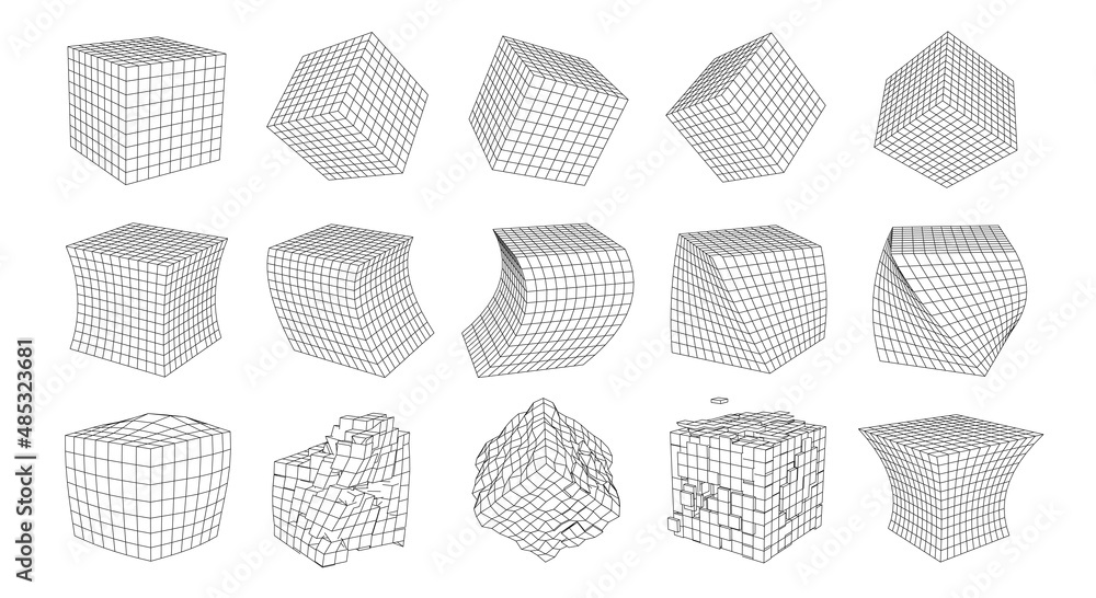 Poster set of cubes from wireframe mesh. collection of cubes for use in hud design. network line concept. c