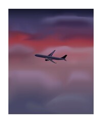 airplane silhouette against a cloudy sky in pink and purple colors