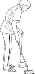 Cleaning lady sweeping garbage into a dustpan vector illustration
