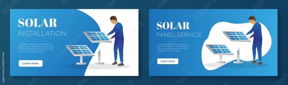 Wall mural Solar energy engineer service online banner template set, green energy panel corporate advertisement, horizontal ad, zero emission installation sale campaign webpage, flyer, creative brochure