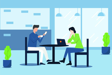 illustration of two business people working remotely in a cafe casually drinking coffee and doing work
