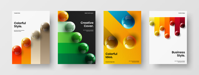 Modern company cover A4 design vector template collection. Fresh 3D spheres leaflet illustration bundle.