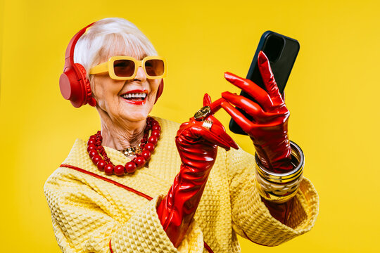 Cool And Stylish Senior Old Woman With Fashionable Clothes