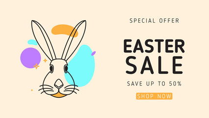 Easter sale promotion background. Vector illustration with black rabbit in thin line style. Discount banner. Holiday illustration for Easter promotion or congratulations in social media.