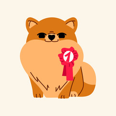 Cute Spitz dog proud with reward isolated on beige background. Funny pet character. Flat style vector illustration