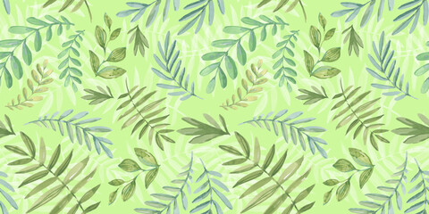 Naklejka na ściany i meble Spring Seamless Pattern. Floral elements in doodle style. Green background. Watercolor tropical green leaves. Wedding Patterns with leaf