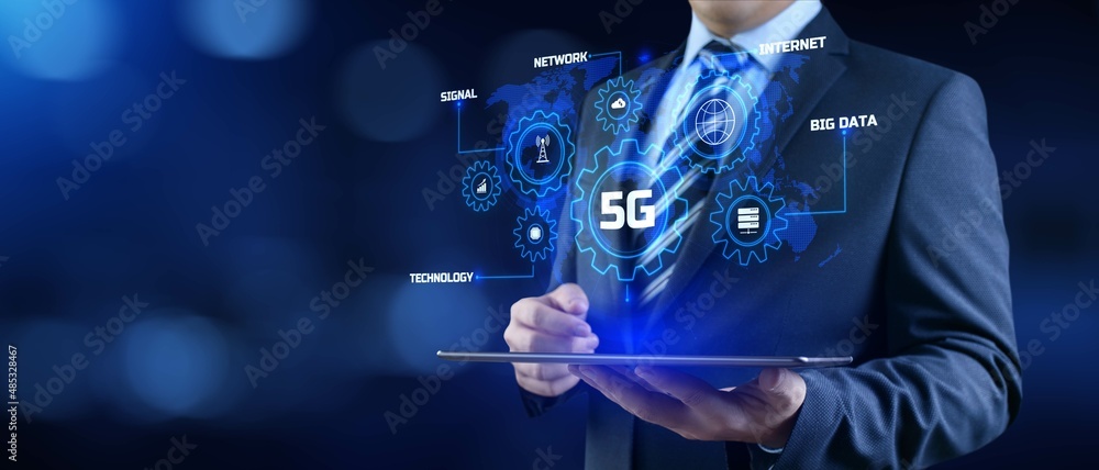 Poster 5g high-speed internet connection concept. businessman pressing button on screen.