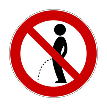 No peeing sign. Vector illustration of red crossed out circular prohibited sign with pissing man icon inside. Prohibition of urinating symbol isolated on background. Pee ban.