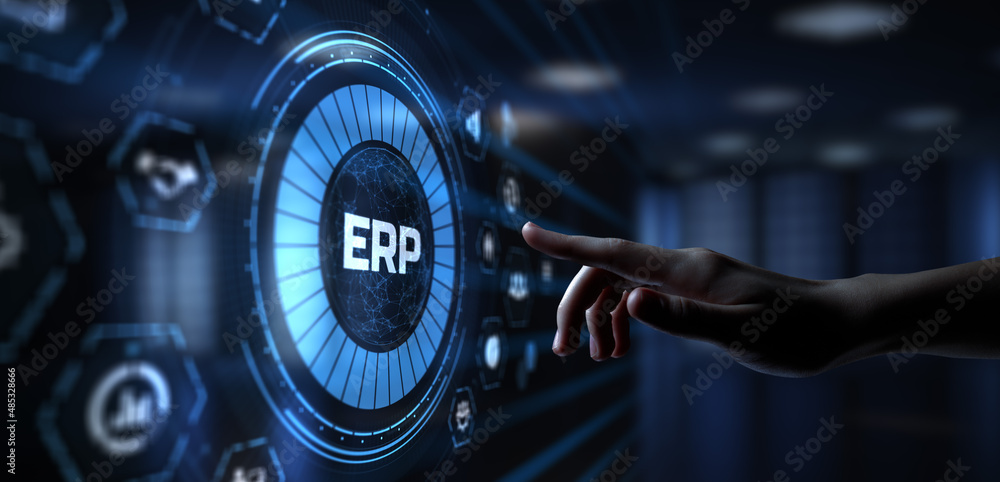 Aufkleber erp enterprise resources planning software system business process automation concept. hand pressing