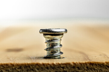 Closeup of screw being screwed into a wooden plank - macro shoot - white background. - obrazy, fototapety, plakaty