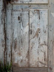 Age old wooden door with cracked paint. Fragment of a rustic textured wall