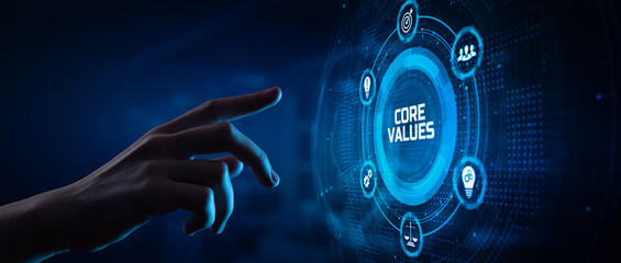Core values corporate mission vision responsibility. Hand pressing button on screen.