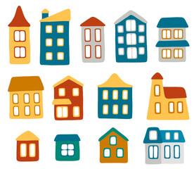 Beautiful colorful 13 cartoon houses. Cute vector illustration for your design, icon, sticker, card.