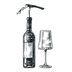 Wine bottle, corkscrew and wine glass isolated on white background, hand-drawing. Vector vintage engraved illustration.