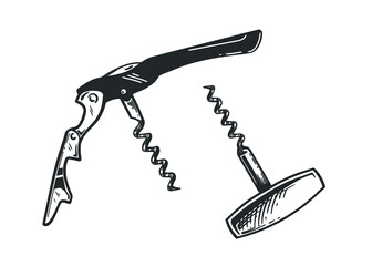 Vector hand drawn sketch of corkscrew set in hand drawn style. Vector vintage engraved illustration.