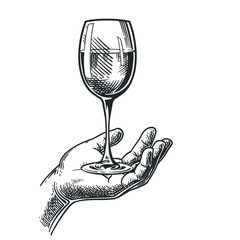 Hand holding wine glass. Vector engraving illustration for web, poster. Hand drawn design element isolated on white background.