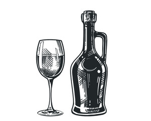 Wine retro style bottle and wine glass isolated on white background, hand-drawing.  Vector vintage engraved illustration.