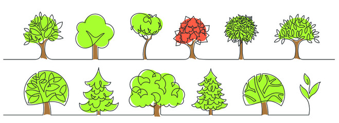 Big set of trees - continuous line drawing. Vector illustration