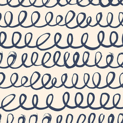 Black paint freehand scribbles vector seamless pattern. Wavy lines and round shapes, dry brush stroke texture. Abstract monochrome wallpaper design, trendy textile print. Wavy and swirled brush stroke