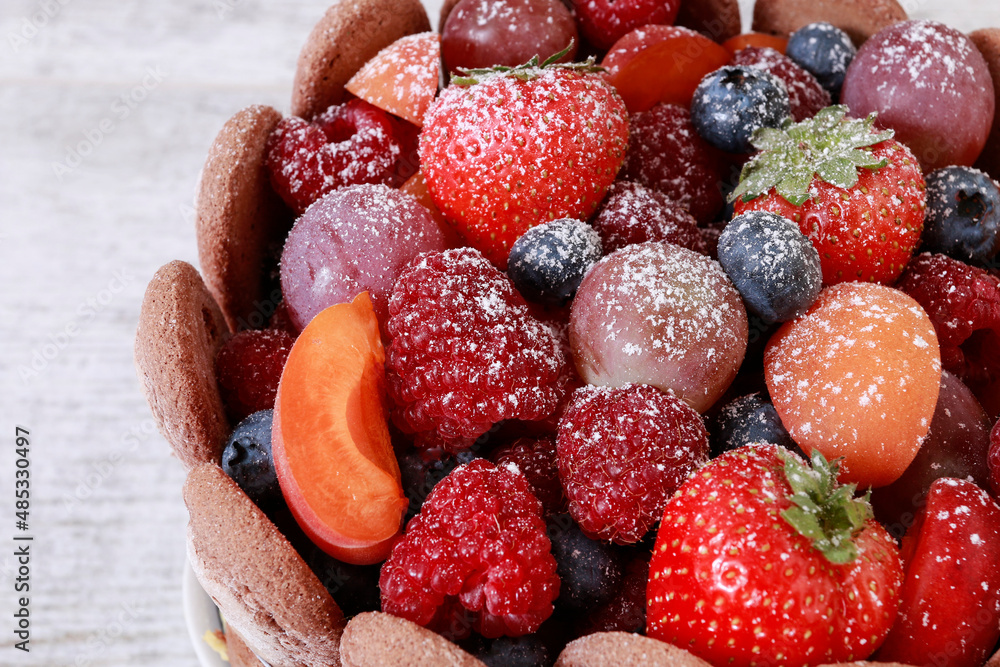 Wall mural french charlotte cake with summer fruits.