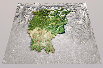 Satellite view of the Bergamo province, Lombardia region. Italy. 3d rendering. Physical map, plains, mountains, lakes, mountain range. Element of this image is furnished by Nasa