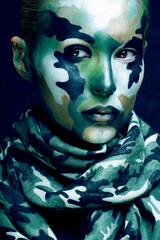 Fototapeta na wymiar Beautiful young fashion woman with military style clothing and face paint make-up, khaki colors, halloween celebration close up, green pattern