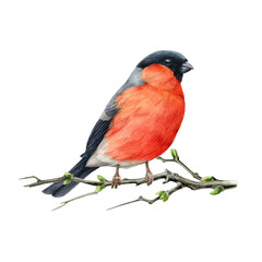 Bullfinch bird on a spring branch. Watercolor illustration. Hand drawn bright pyrrhula pyrrhula eurasian avian. Small cute bullfinch bird on a spring branch. Forest little songbird. White background