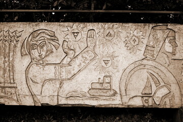 Kryvyi Rih abandoned mural industrial workers, cosmonautics, atomic sector, engineering, construction. the Soviet Union object