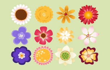 Sets of Beautiful Flowers in Top View, Flat Design, Doodle