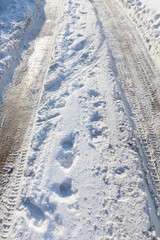 Car track and human footprints on white snow