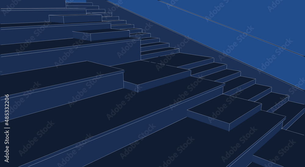 Poster abstract 3d illustration of an amphi-stair. partial close up perspective from side with outlines onl